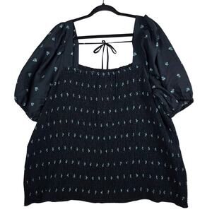 Ava & Viv Smocked Top Women 4X Black Floral Puff Sleeve Square Neck